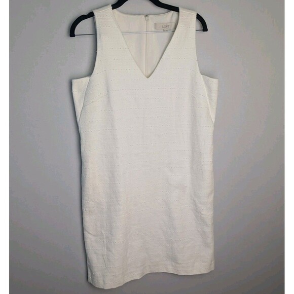 LOFT Dresses & Skirts - Loft Dress Women’s 6 V-Neck White Shift Sleeveless Lined Striped Embroidered